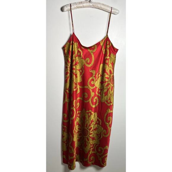 Natori Red & Gold Floral Print Slip Dress Nightgown Adjustable Straps Size Large - Picture 1 of 7